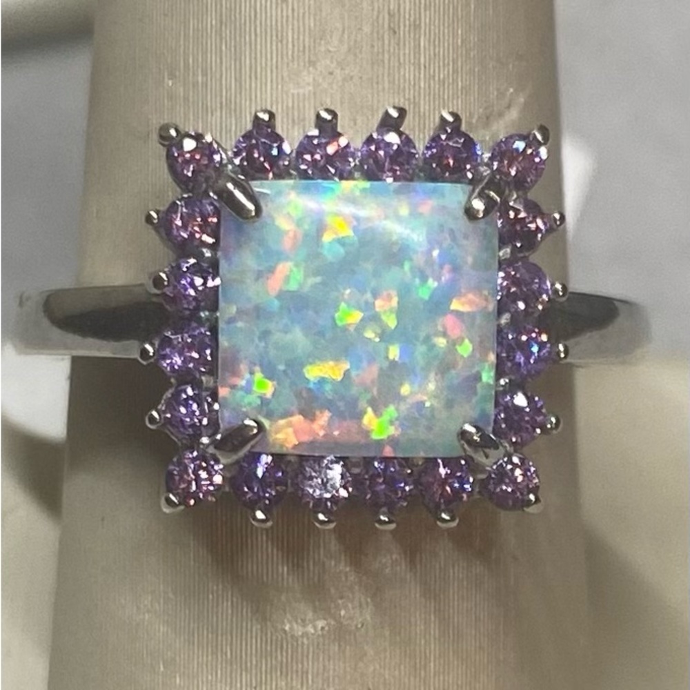 Sterling Silver Square Opal w/amethyst CZ Ring. Rhodium plated for Anti-Tarnish